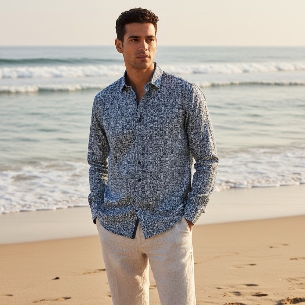 Visconti Blue Shirt flip cuff Large Long Sleeve Button Down Geometric Pattern